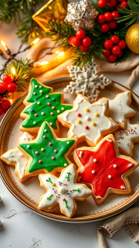 Classic Christmas Sugar Cookies Recipe A plate of colorful Christmas sugar cookies shaped like stars and trees, decorated with icing and sprinkles.